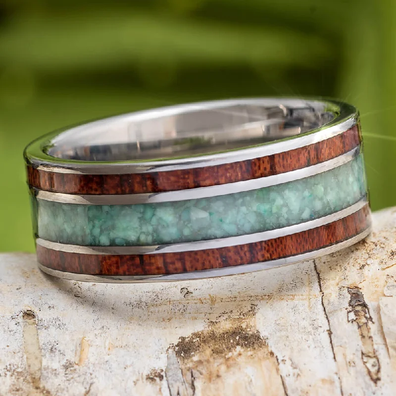 women's engagement rings cushion halo design -Bubinga Wood Ring with Chrysocolla, Titanium Wedding Band