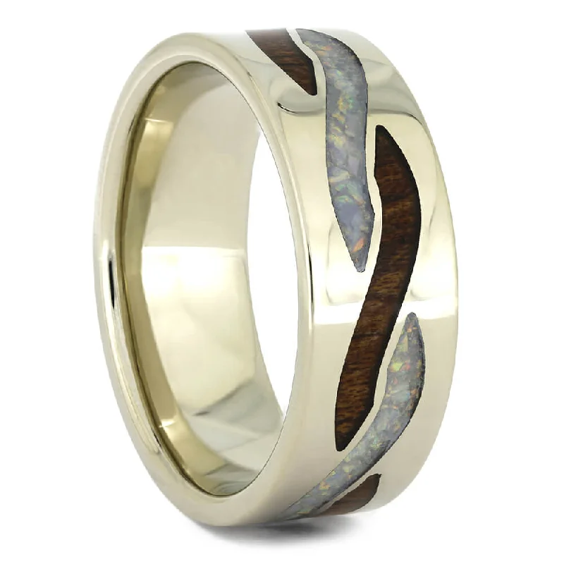 women's engagement rings unique band design -Opal & Wood Wedding Band with Twist Inlays