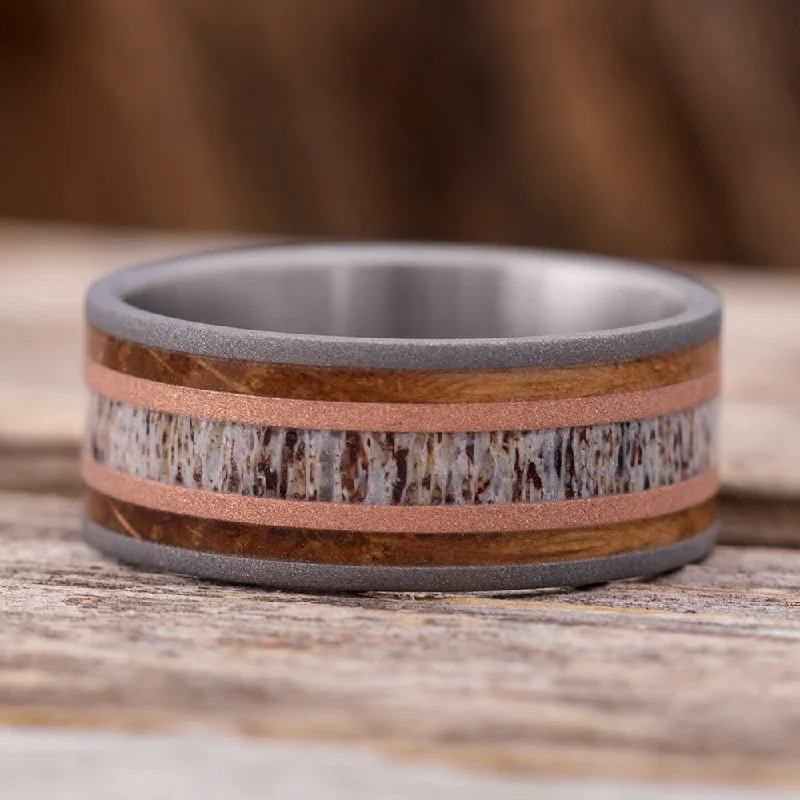 women's engagement rings luxury quality -Deer Antler Wedding Band with Whiskey Barrel Oak Wood