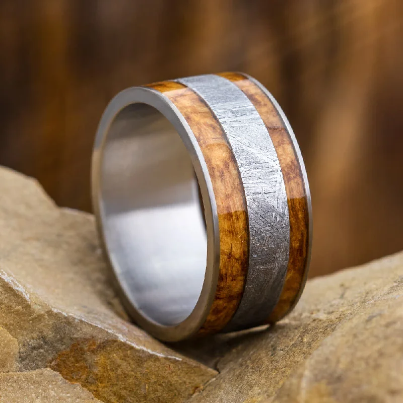 women's engagement rings with pave diamonds -Meteorite & Black Ash Burl Wedding Band