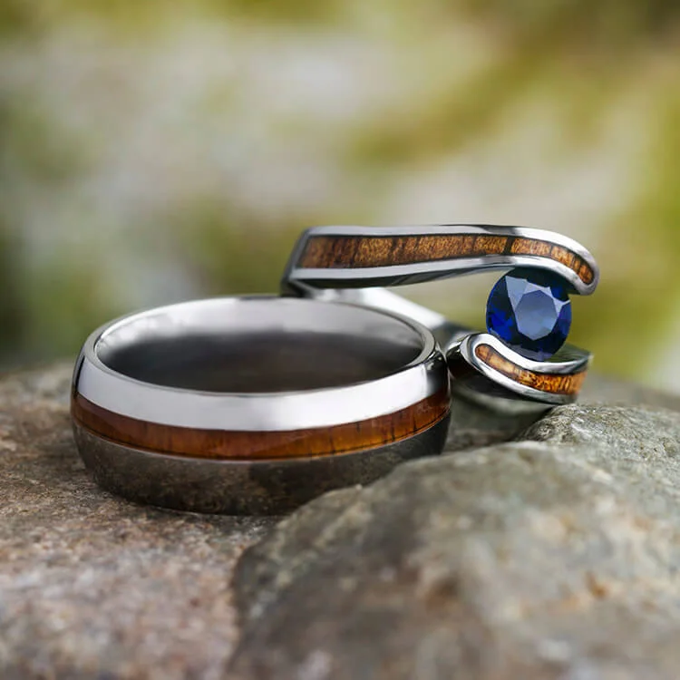 women's engagement rings classic solitaire -Hawaiian Wood Ring Set, Titanium Wedding Rings With Koa Wood