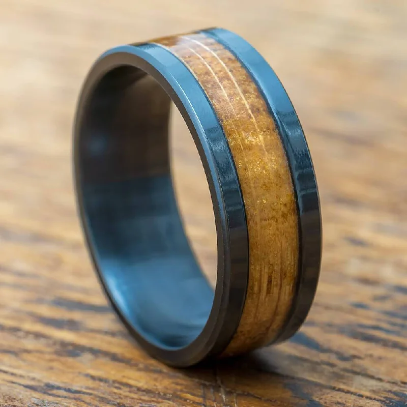 women's engagement rings vintage-inspired -Black Zirconium & Whiskey Barrel Wood Men's Wedding Band