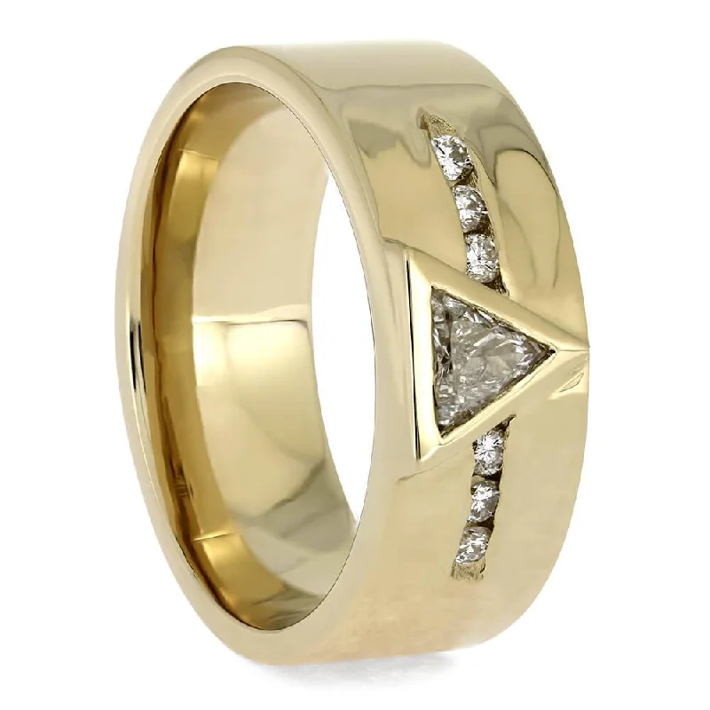 women's engagement rings eternity circle -Men's Polished Gold Wedding Band with Triangle Cut Diamond