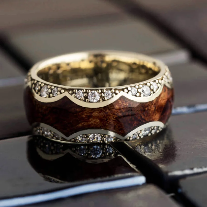 women's engagement rings gold -Unique Diamond Wedding Band, Gold Ring with Mesquite Burl Wood