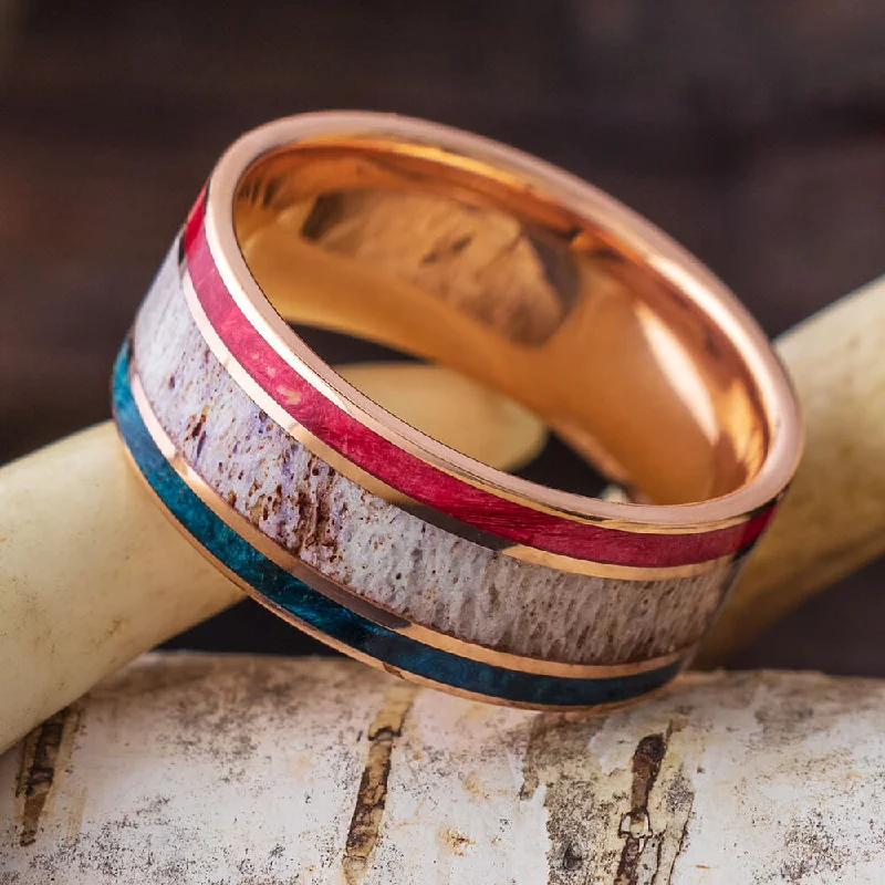 women's engagement rings custom engraving -Red & Blue Box Elder Wood Wedding Band with Deer Antler