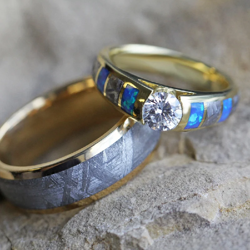 women's engagement rings vintage-inspired -Diamond, Meteorite, and Opal Wedding Ring Set