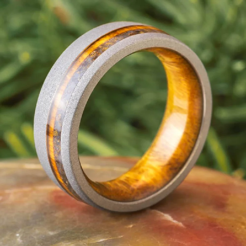 women's engagement rings with matching necklace -Lignum Vitae Wood Wedding Band with Crushed Dinosaur Bone