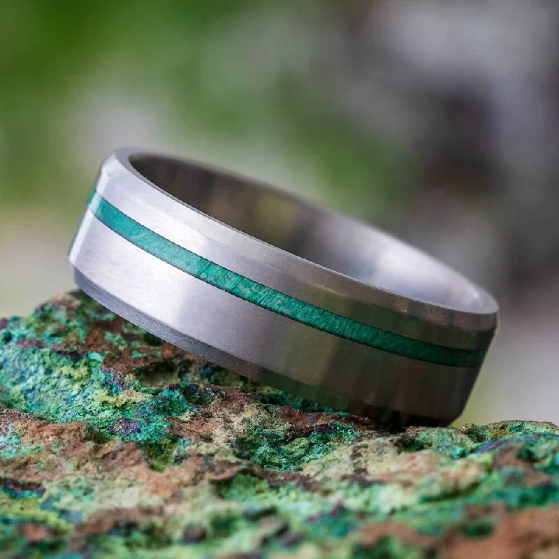 women's engagement rings modern twist -Men's Matte Titanium Wedding Band with Green Wood Pinstripe