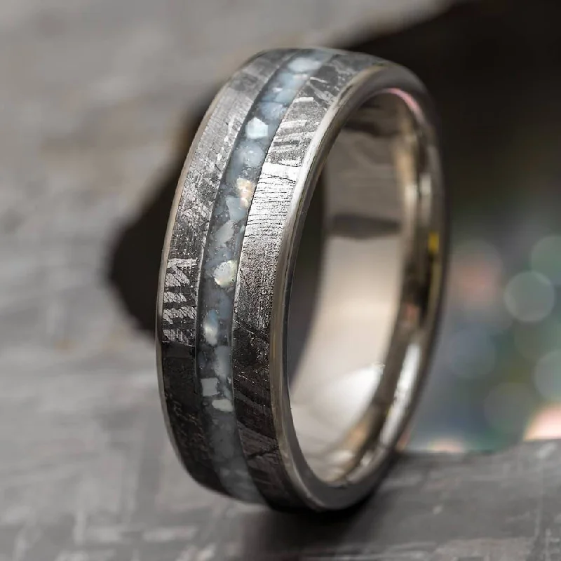 women's engagement rings unique band design -Meteorite Wedding Band with Crushed Mother of Pearl