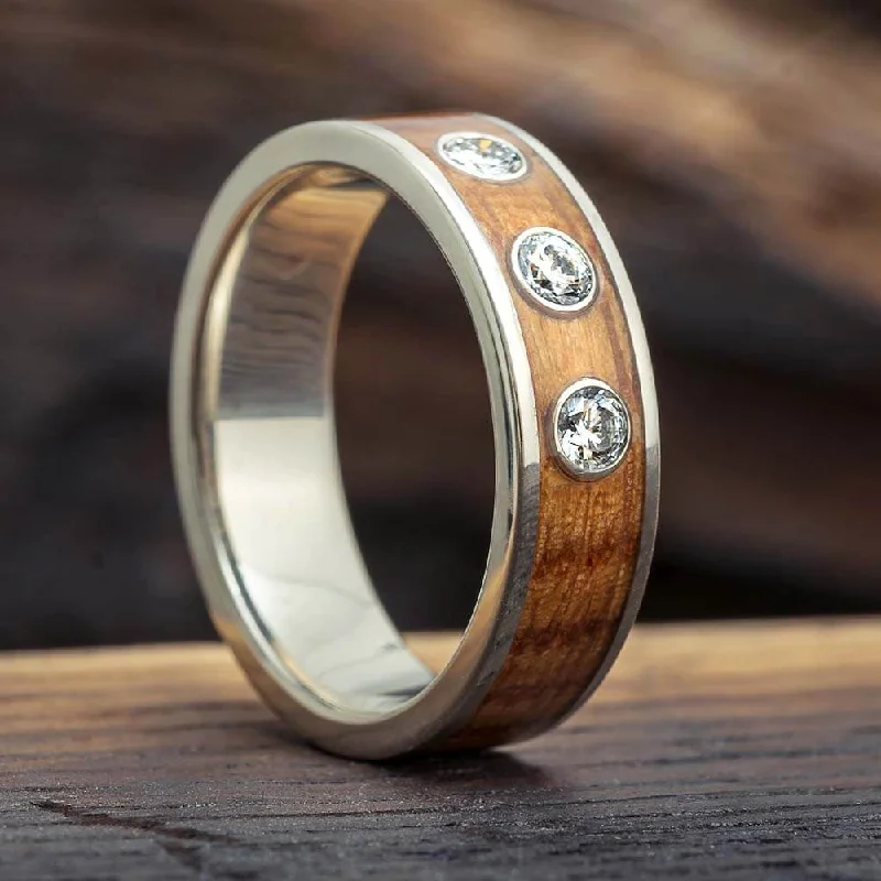 women's engagement rings split shank halo -Diamond Wedding Band with Whiskey Barrel Wood