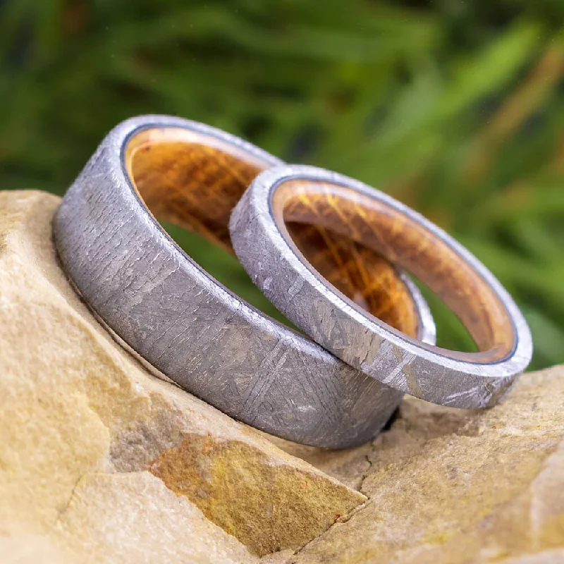 women's engagement rings double halo -Authentic Meteorite and Whiskey Barrel Oak Wood Wedding Ring Set