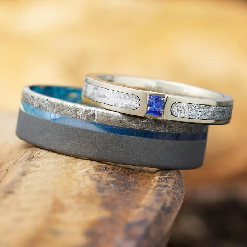 women's engagement rings emerald halo -Blue Wedding Ring Set, Meteorite Rings with Blue Box Elder Burl Wood