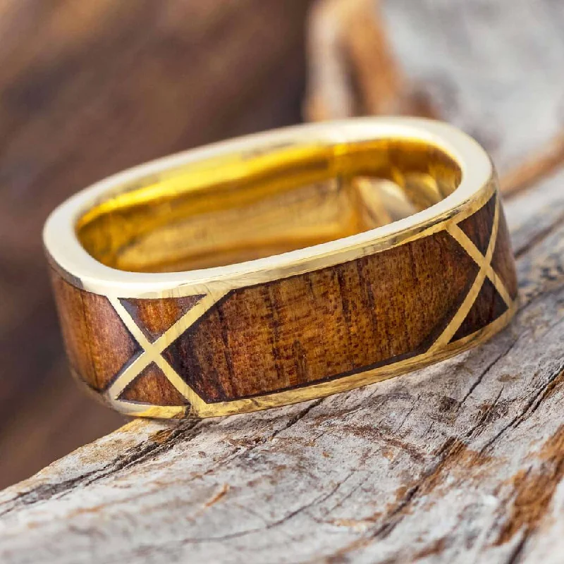 women's engagement rings mixed metal design -Koa Wood Wedding Band with Yellow Gold Woven Design