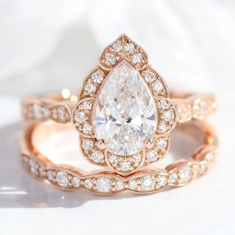 women's engagement rings pear-shaped -Pear Diamond Vintage Floral Ring Set w/ Lab Diamond and Matching Wedding Band