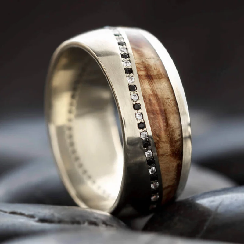 women's engagement rings princess halo -Black and White Diamond Wedding Band with Burl Wood