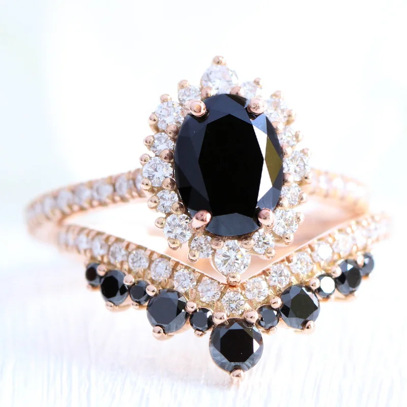 women's engagement rings gold -Tiara Halo Oval Black Diamond Pave Ring w/ Large Tiara Diamond Wedding Band