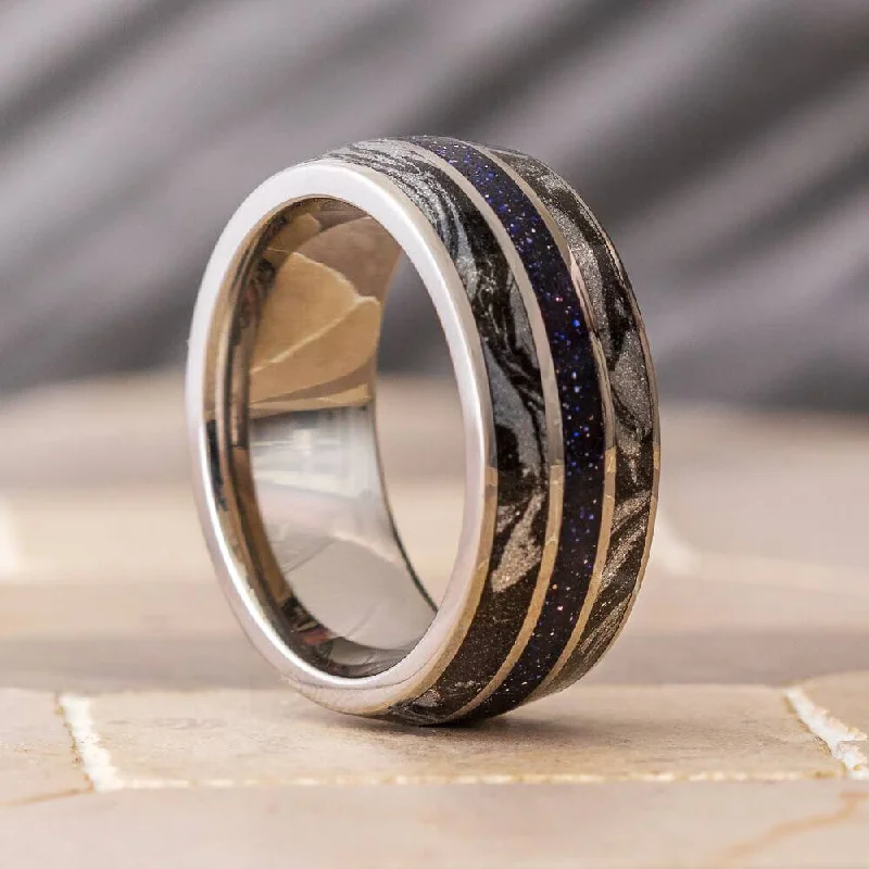 women's engagement rings heart-shaped diamond -Blue Goldstone Men's Wedding Band with Black and White Mokume