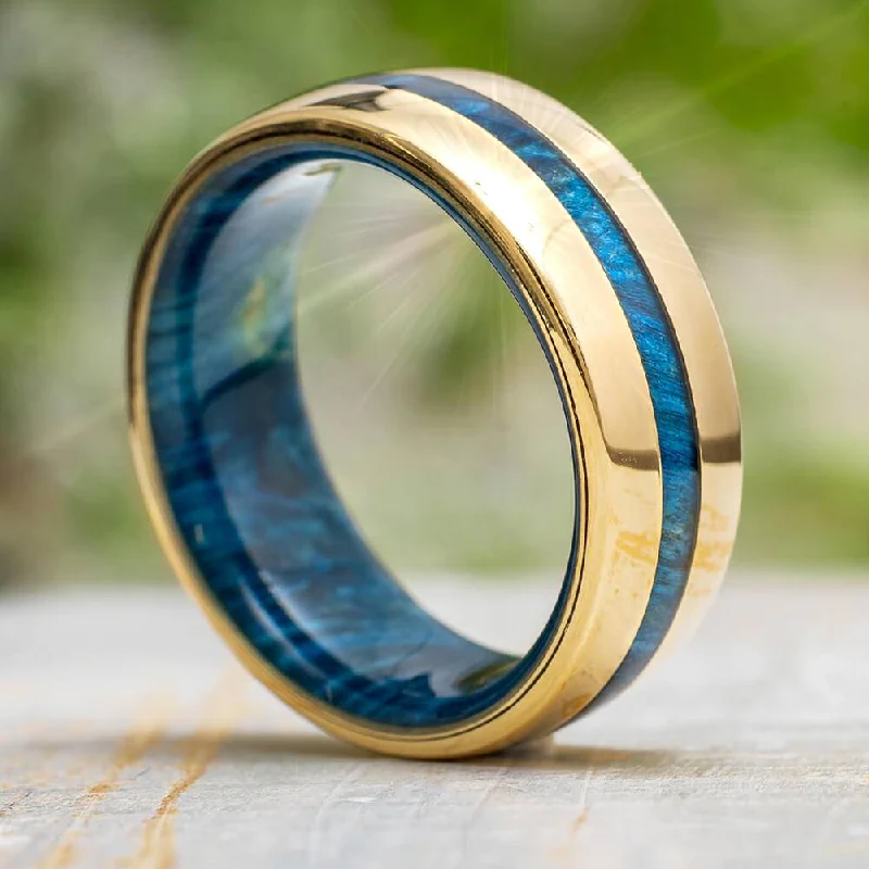 women's engagement rings eco-friendly materials -Blue Men's Wedding Band With Wood Pinstripe & Sleeve