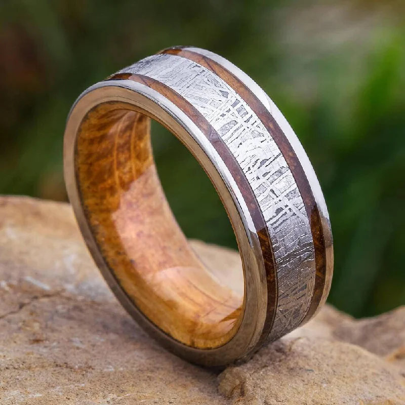 women's engagement rings modern twist -Men's Whiskey Oak Wood Wedding Band with Meteorite Center