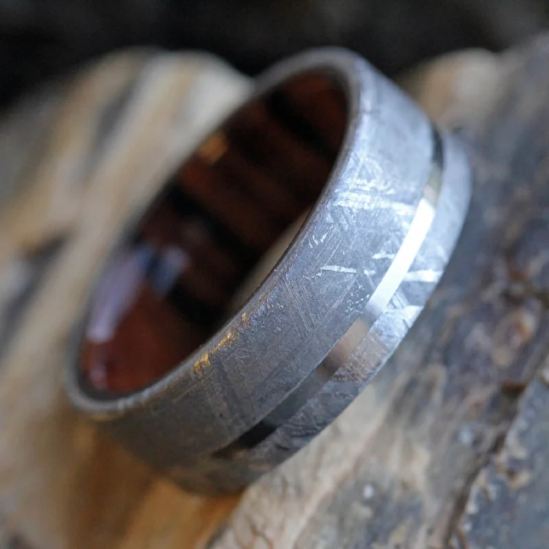 women's engagement rings with twist band -Meteorite Wedding Ring with Wood Sleeve, Ironwood Ring