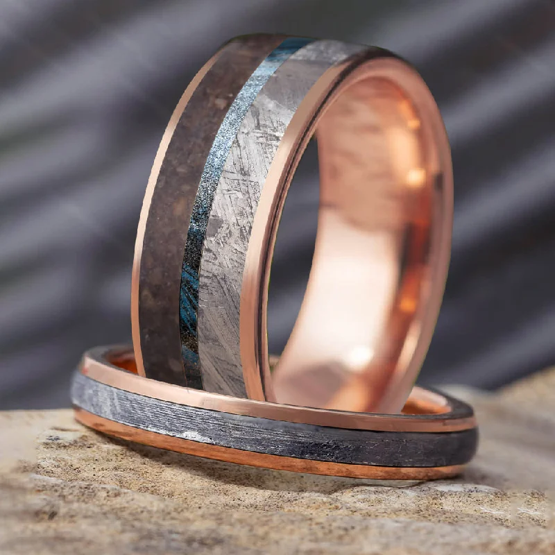 women's engagement rings with side stones -His & Hers Wedding Bands With Meteorite & Dino Bone