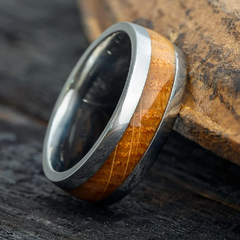 women's engagement rings unique band -Whiskey Barrel Oak Wood Wedding Band, Titanium Ring