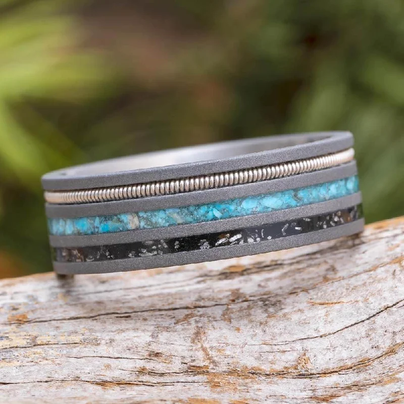 women's engagement rings with colored gemstones -Guitar String Wedding Band with Turquoise and Black Stardust