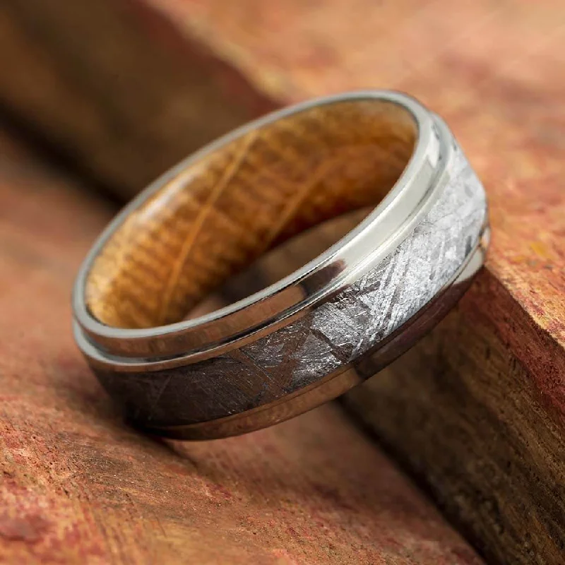 women's engagement rings with hidden diamond -Meteorite Wedding Band with Whiskey Barrel Wood Sleeve