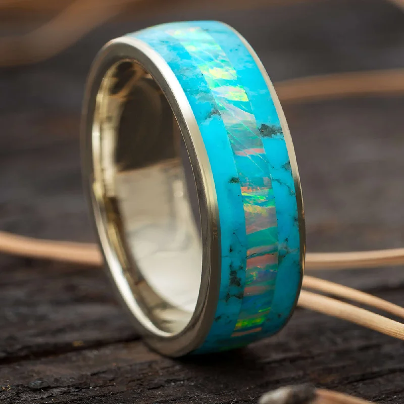 women's engagement rings conflict-free diamond -Blue Men's Wedding Band, Turquoise & Opal Ring