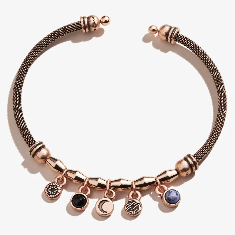 women's bracelets handcrafted design -Crescent Moon + Gemstone Multi-Charm Mesh Cuff Bracelet