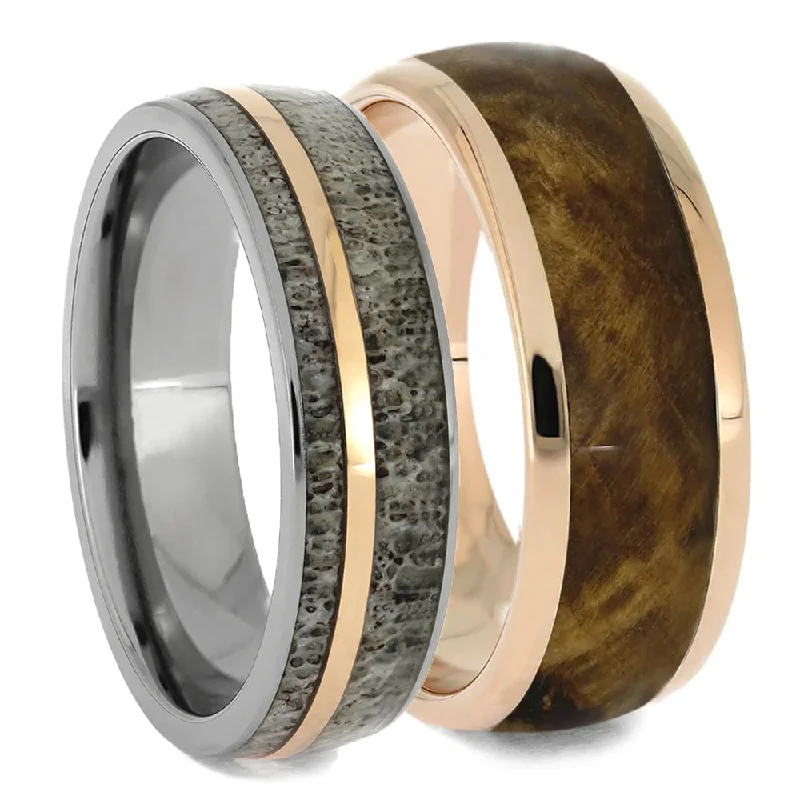 women's engagement rings classic style -Gold Wedding Bands with Deer Antler and Wood