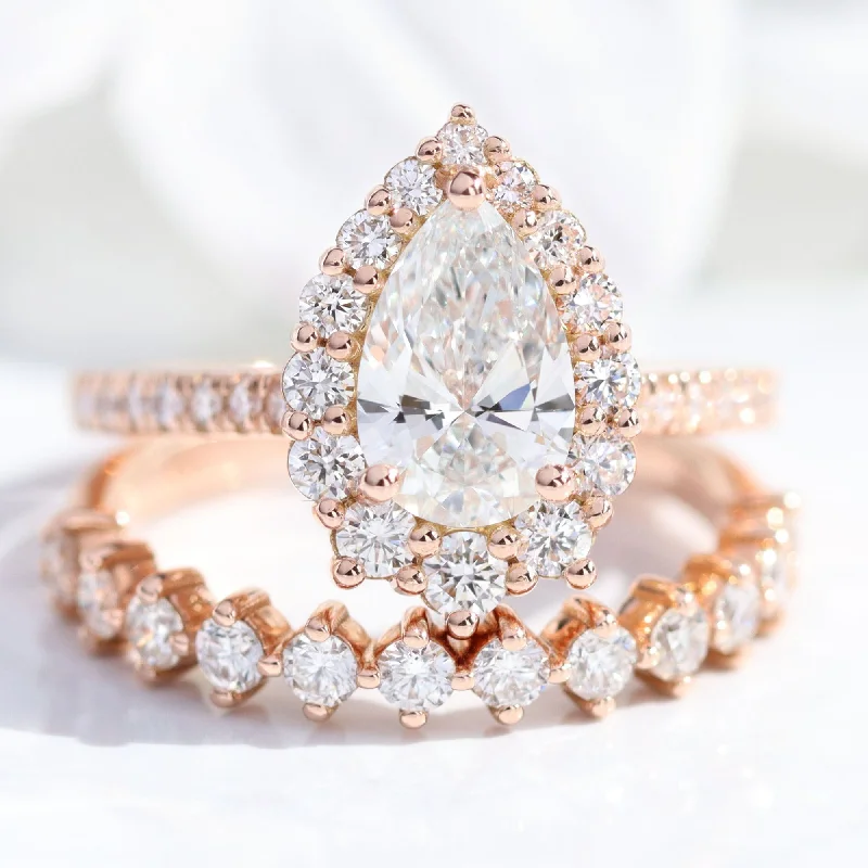 women's engagement rings antique design -Pear Diamond Halo Pave Ring Set w/ Lab Diamond and 4 Prong Wedding Band