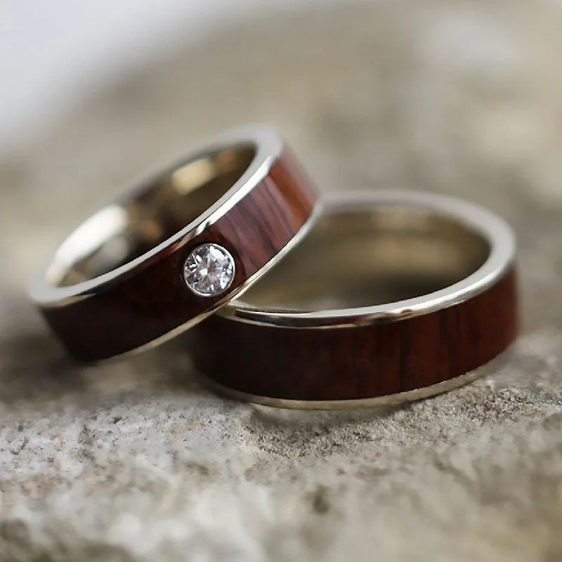 women's engagement rings oval shape -Matching Wood & Gold Wedding Band Set