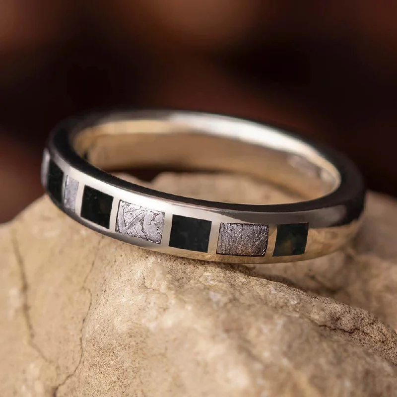 women's engagement rings with side pave diamonds -White Gold Wedding Band With Meteorite And Dinosaur Bone