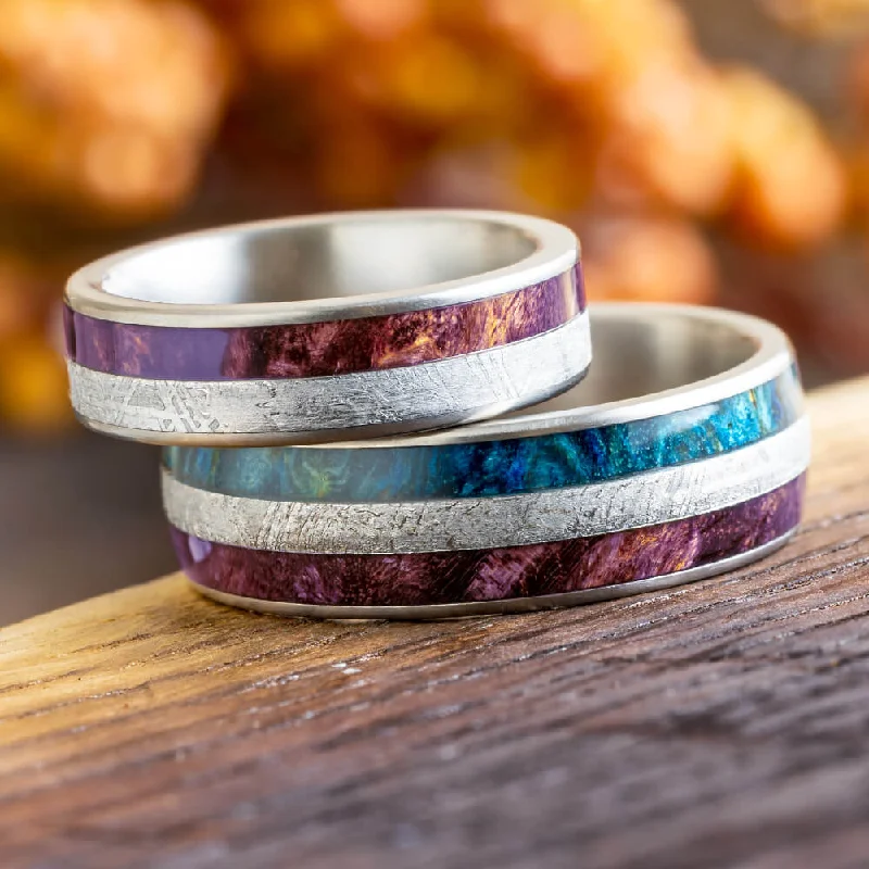 women's engagement rings ruby center stone -Purple & Blue Burl Wood & Meteorite Wedding Band Set