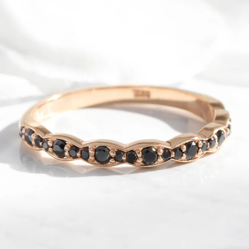 women's engagement rings unique and custom -Scalloped Black Diamond Wedding Ring in Vintage Style Half Eternity Band