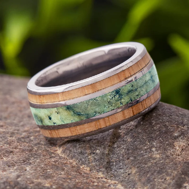 women's engagement rings cushion halo design -Chrysocolla & Oak Wood Triple Inlay Wedding Band