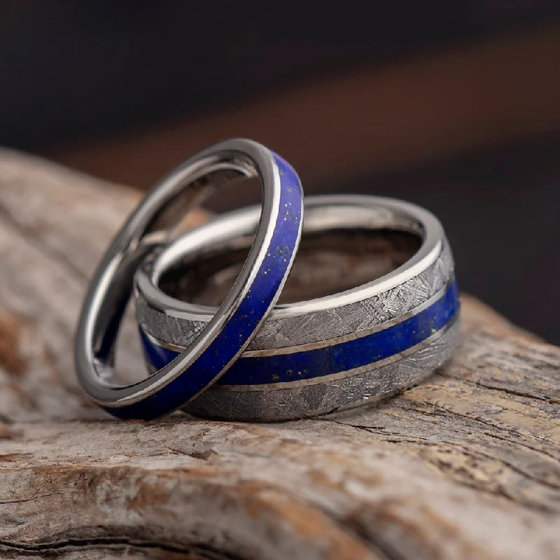 women's engagement rings with unique shape -Lapis Lazuli & Meteorite Wedding Band Set