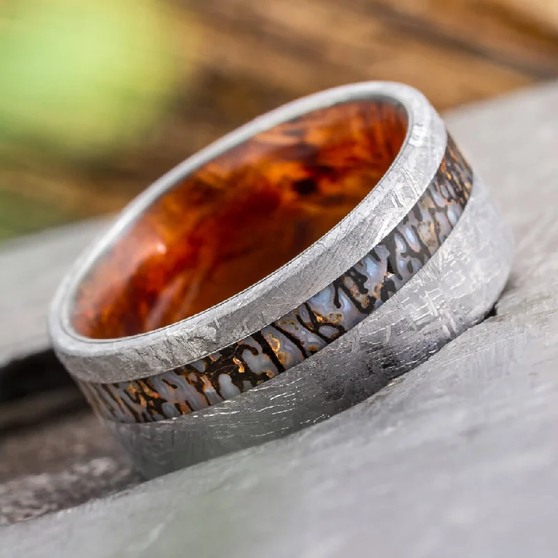 women's engagement rings yellow diamond -Men's Meteorite Wedding Band with Dinosaur Bone and Wood Sleeve