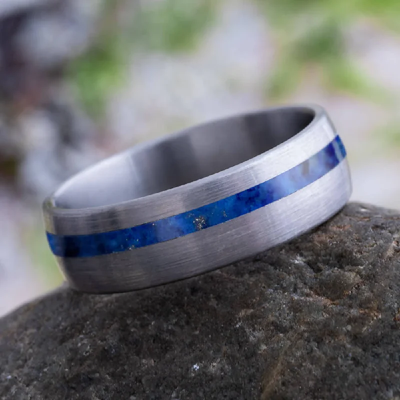 women's engagement rings split shank design -Blue Lapis Lazuli Wedding Band, Titanium Ring