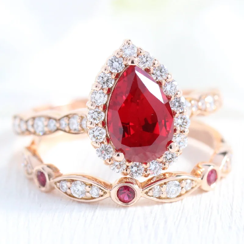 women's engagement rings modern twist -Luna Halo Pear Ring Bridal Set w/ Ruby and Diamond Bezel Wedding Band