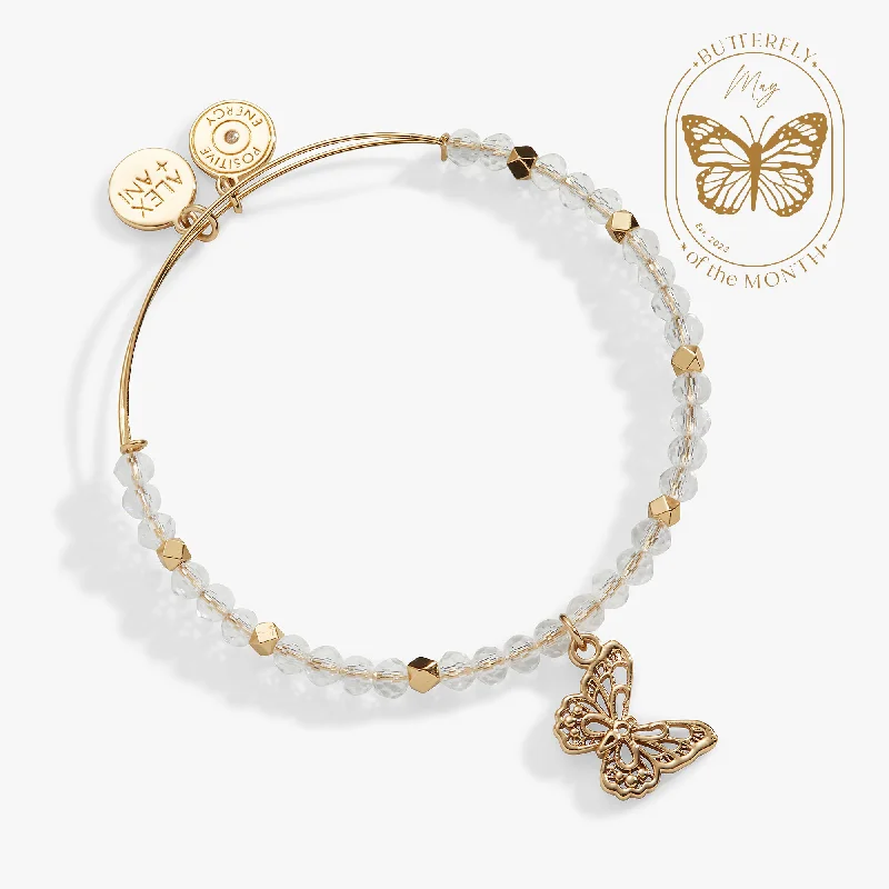 women's bracelets floral engraving -Filigree Butterfly + Crystal Beaded Charm Bangle