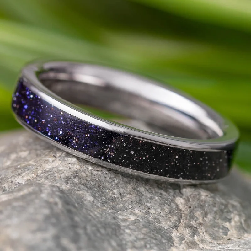 women's engagement rings with diamond accents -Blue Goldstone Ring, Sparkling Sky Wedding Band