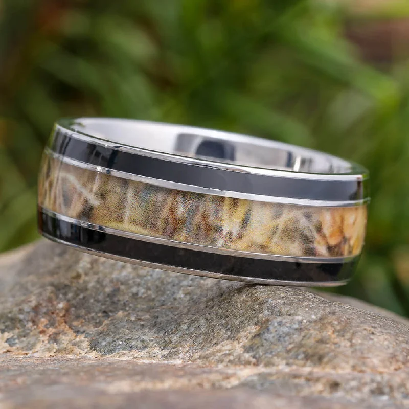 women's engagement rings unique and custom -Titanium Wedding Band with Black Enamel and Wetland Camo