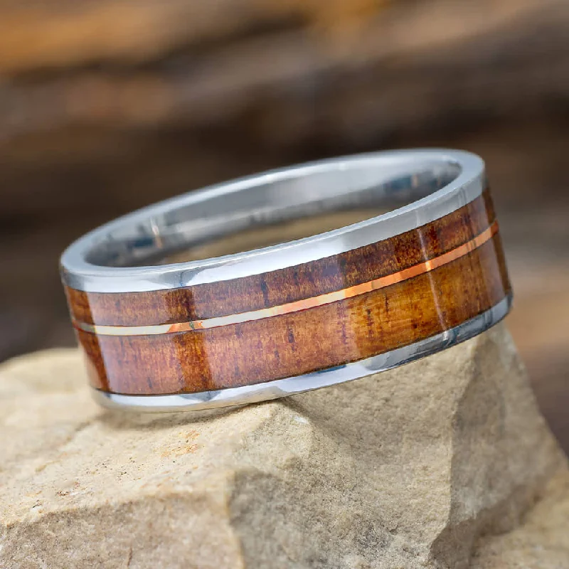 women's engagement rings diamond -Koa Wood Wedding Band with Gold Pinstripe