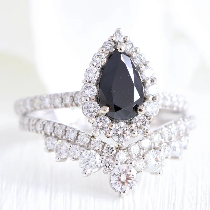 women's engagement rings with hidden diamond -Tiara Halo Black Diamond Pave Ring Set w/ Large Tiara Diamond Wedding Band