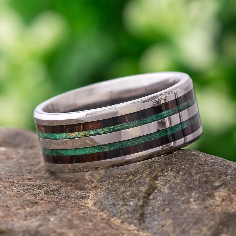 women's engagement rings with matching necklace -Mahogany Wedding Band with Green Box Elder Wood Burl