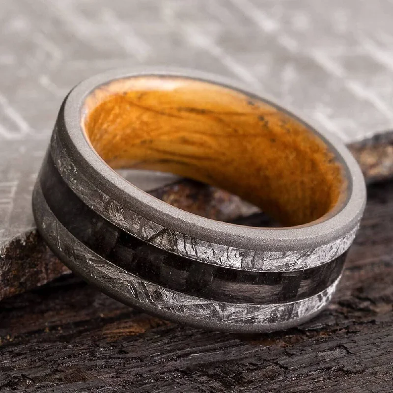 women's engagement rings birthstone accent -Meteorite Wedding Band with Carbon Fiber and Whiskey Oak