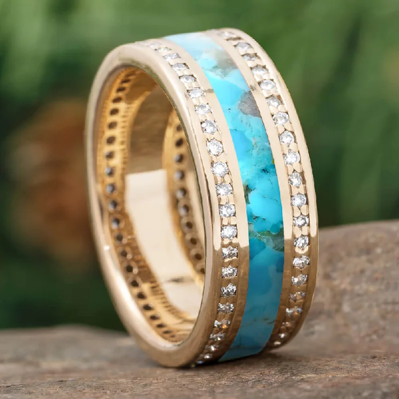 women's engagement rings unique and custom -Turquoise Wedding Band, Diamond Eternity Ring in Gold