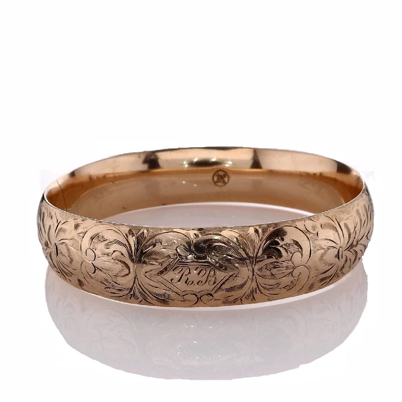 women's bracelets trendy look -Estate 14k Yellow Gold Engraved Paisley Design Hinged Bangle Bracelet